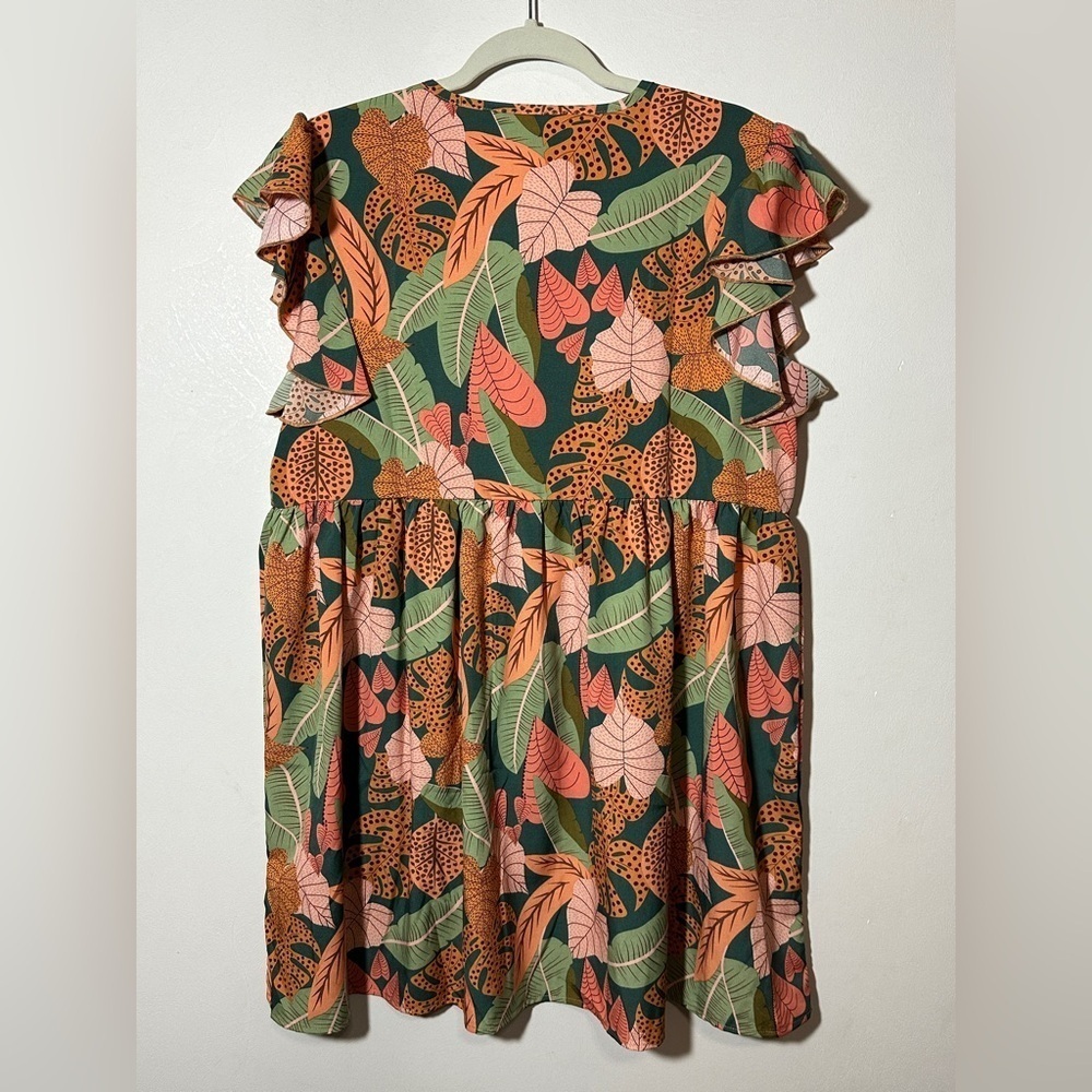 Green Orange Floral Tropical V- Neck Dress Size Large Flowy Tropical Boho - Picture 4 of 5
